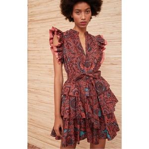 New Ulla Johnson Honoria Tiered Ruffle Mini Dress in Carmine 2